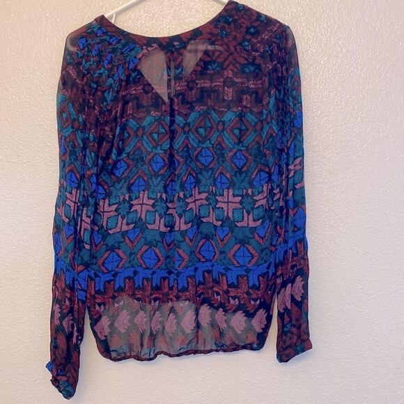Lucky Brand long sleeve colorful sheer silky blouse tassel boho festival fairy S - Picture 3 of 9